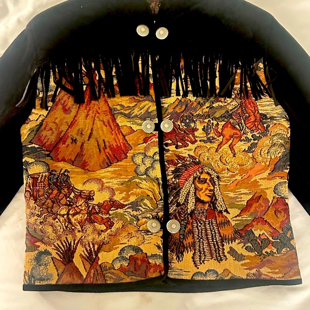 RARE NATIVE COMPONENTS Suede Fringe Wild West Handwoven Tapestry Jacket